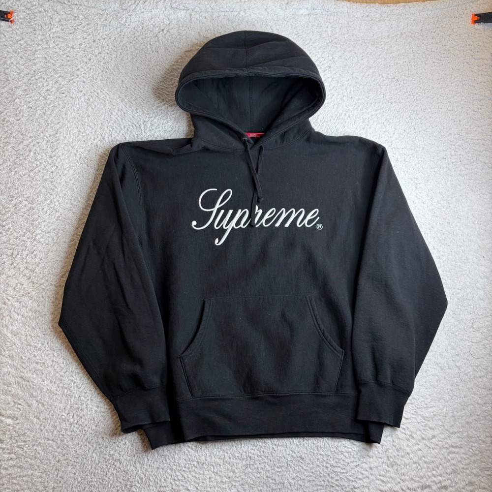 Supreme Script Logo Hooded Sweatshirt Black FW24 Mens Large Hoodie Embroidered
